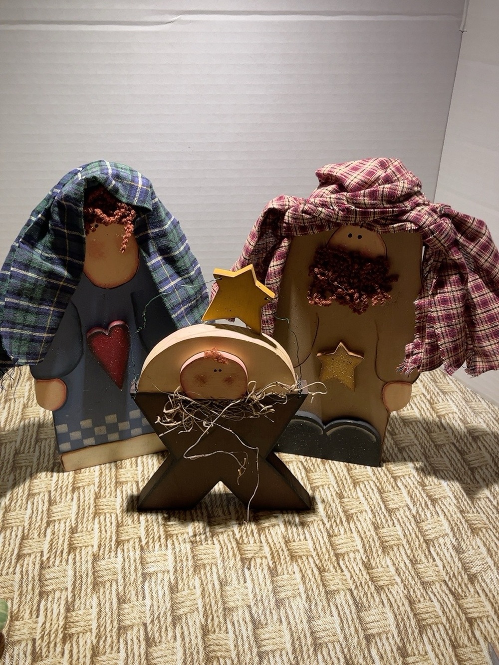 Primitive Folk Art Wood Nativity Set Mary Joseph Baby Jesus Christmas Decor